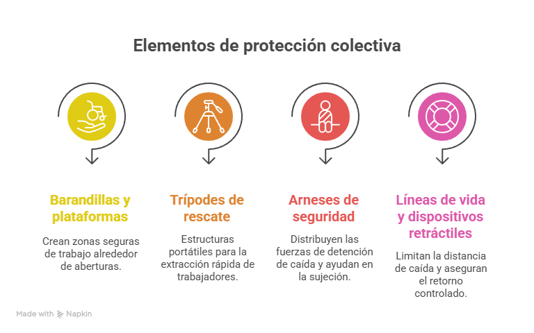 Elementos de protección colectiva_ barandillas, arneses, trípodes y sistemas antic